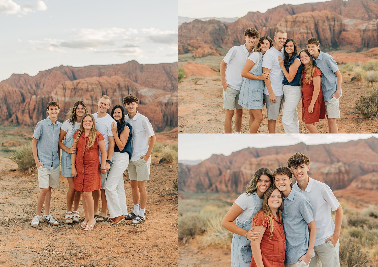 Family portrait session in red rock desert landscape, group posing in coordinated earth-tone outfits with canyon backdrop.
