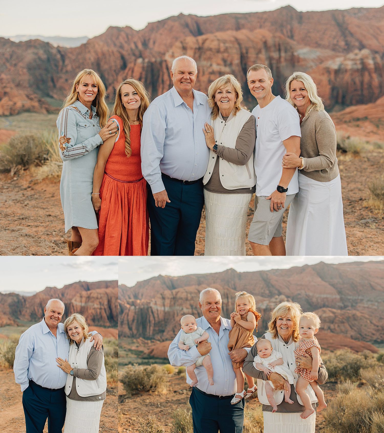 Family portrait session in red rock desert landscape with adults and babies posing together outdoors.