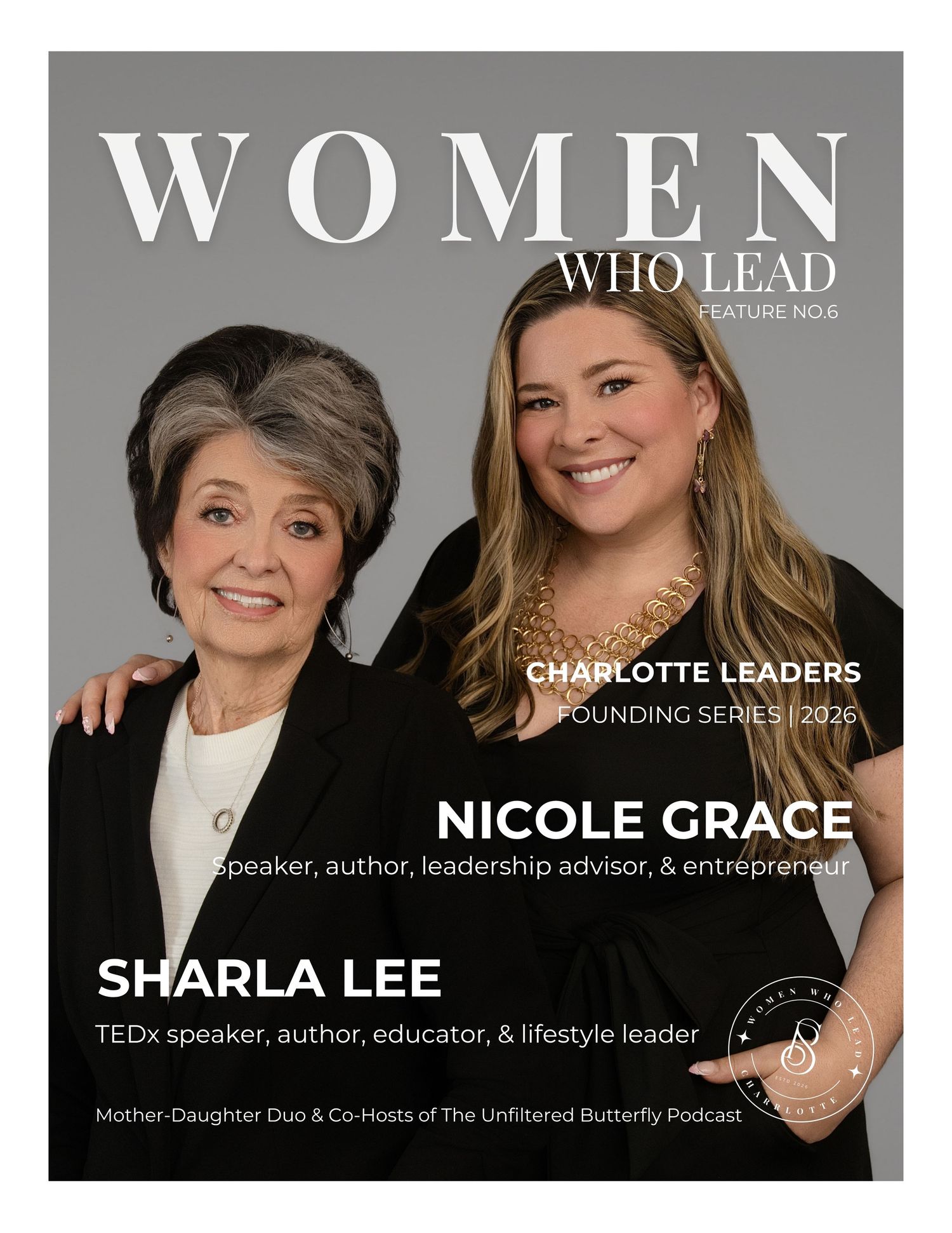 Women Who Lead magazine cover featuring Nicole Grace and Sharla Lee, mother-daughter TEDx speakers and podcast co-hosts.