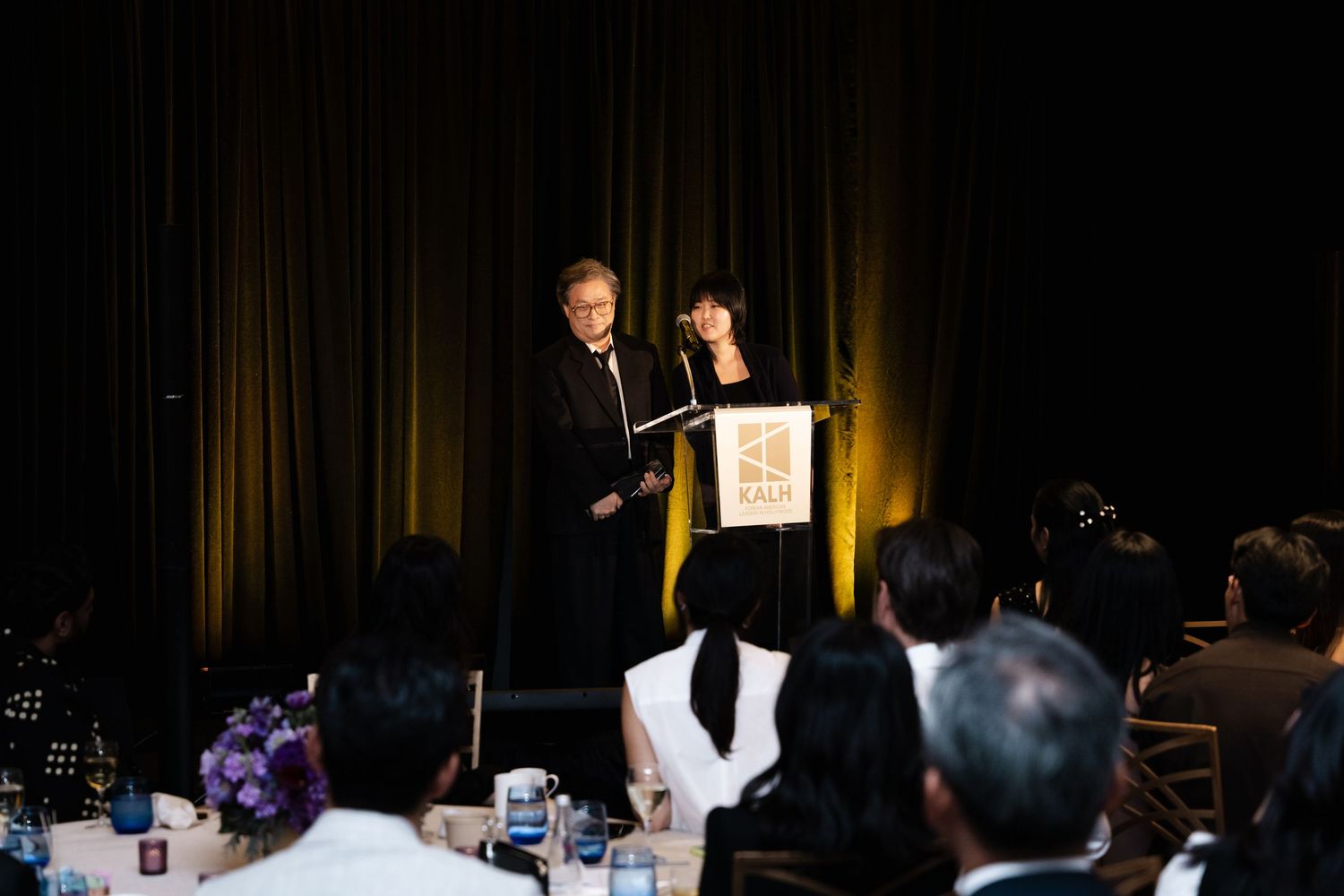 Speaker presenting at a formal conference event with an attentive audience seated in a darkened banquet hall.