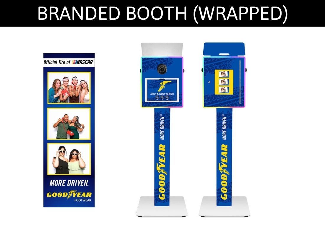 Goodyear branded photo booth wrapped with NASCAR logo, displaying photo strips and blue vinyl wrap design.