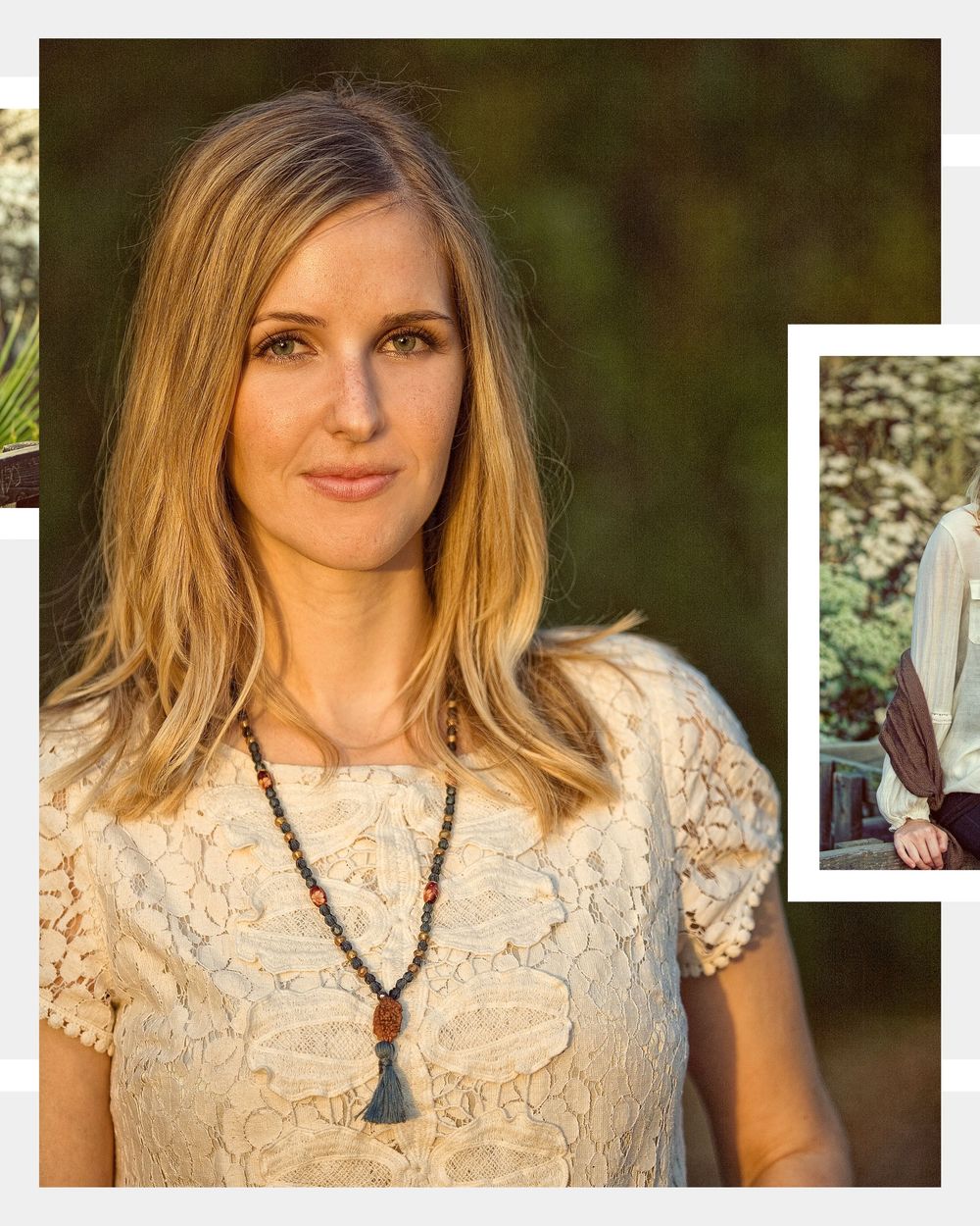 Blonde woman in lace top with beaded tassel necklace poses outdoors with a second photo of a person visible behind her.
