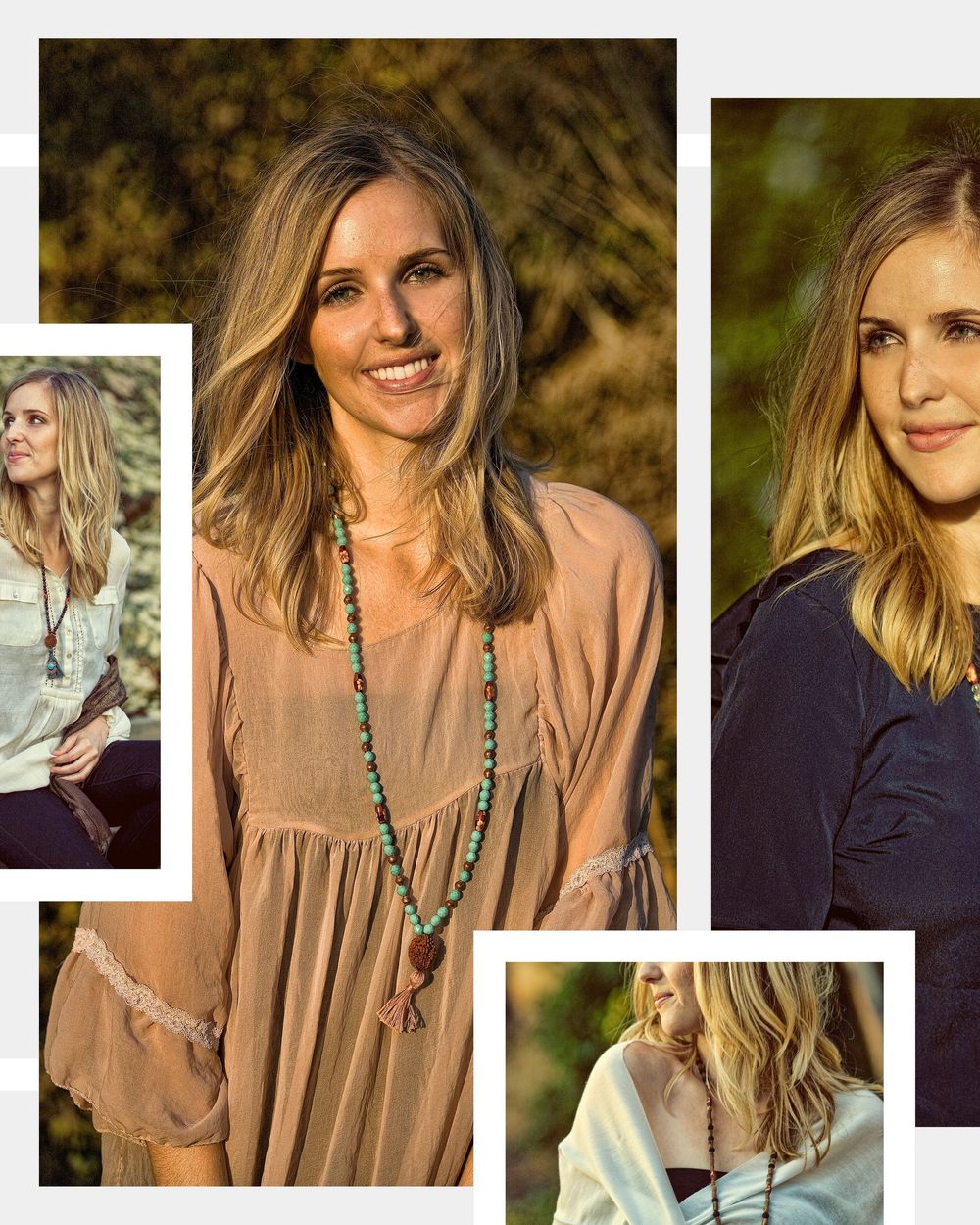 Woman in boho-style outfits with turquoise necklace, styled in multiple poses wearing earth-tone and navy clothing.