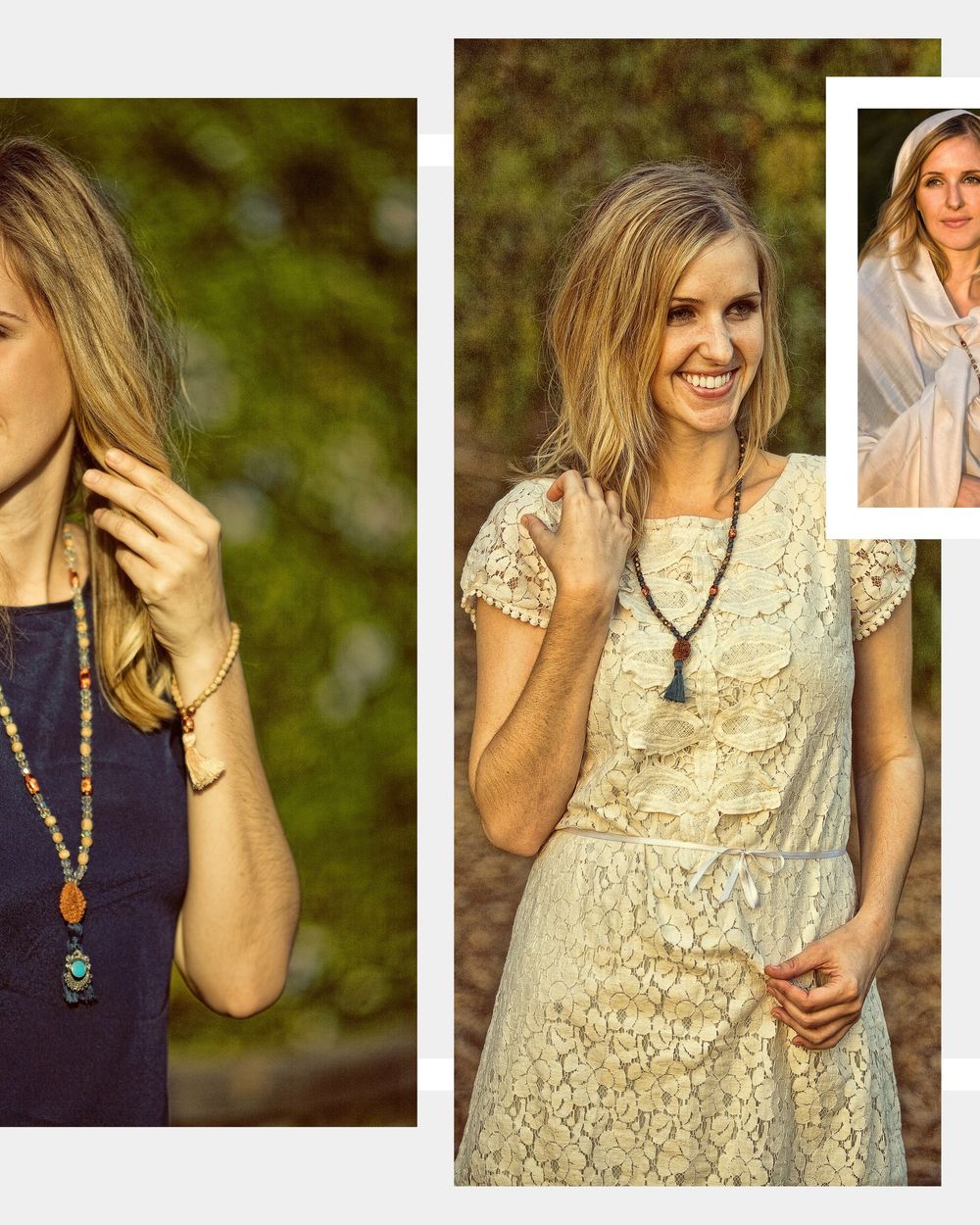 Woman in lace dress wearing beaded necklace outdoors, collage with navy dress boho jewelry portrait.