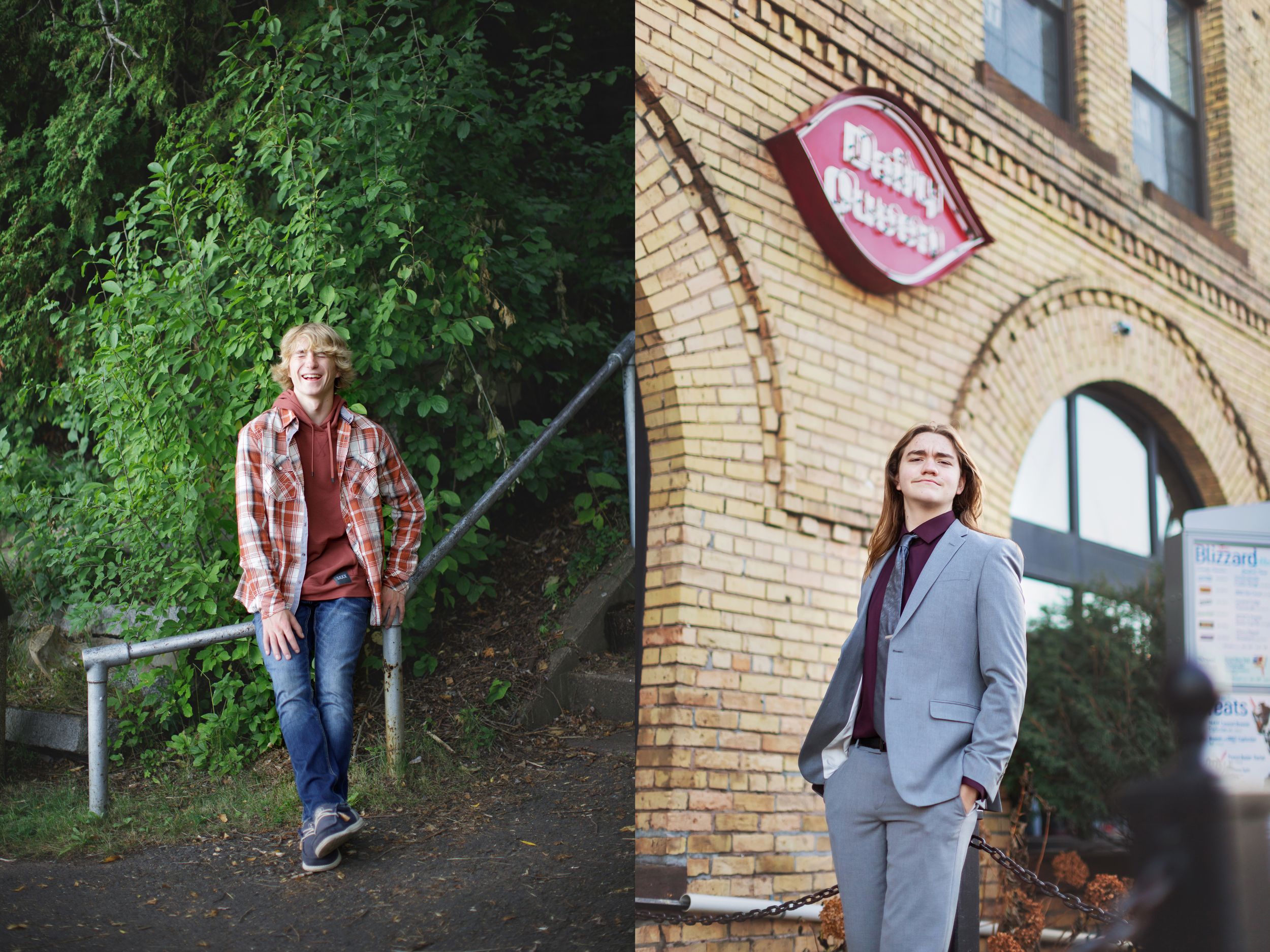 Two young men pose outdoors, one by green trees in a plaid shirt and jeans, another in a gray suit by a brick building.