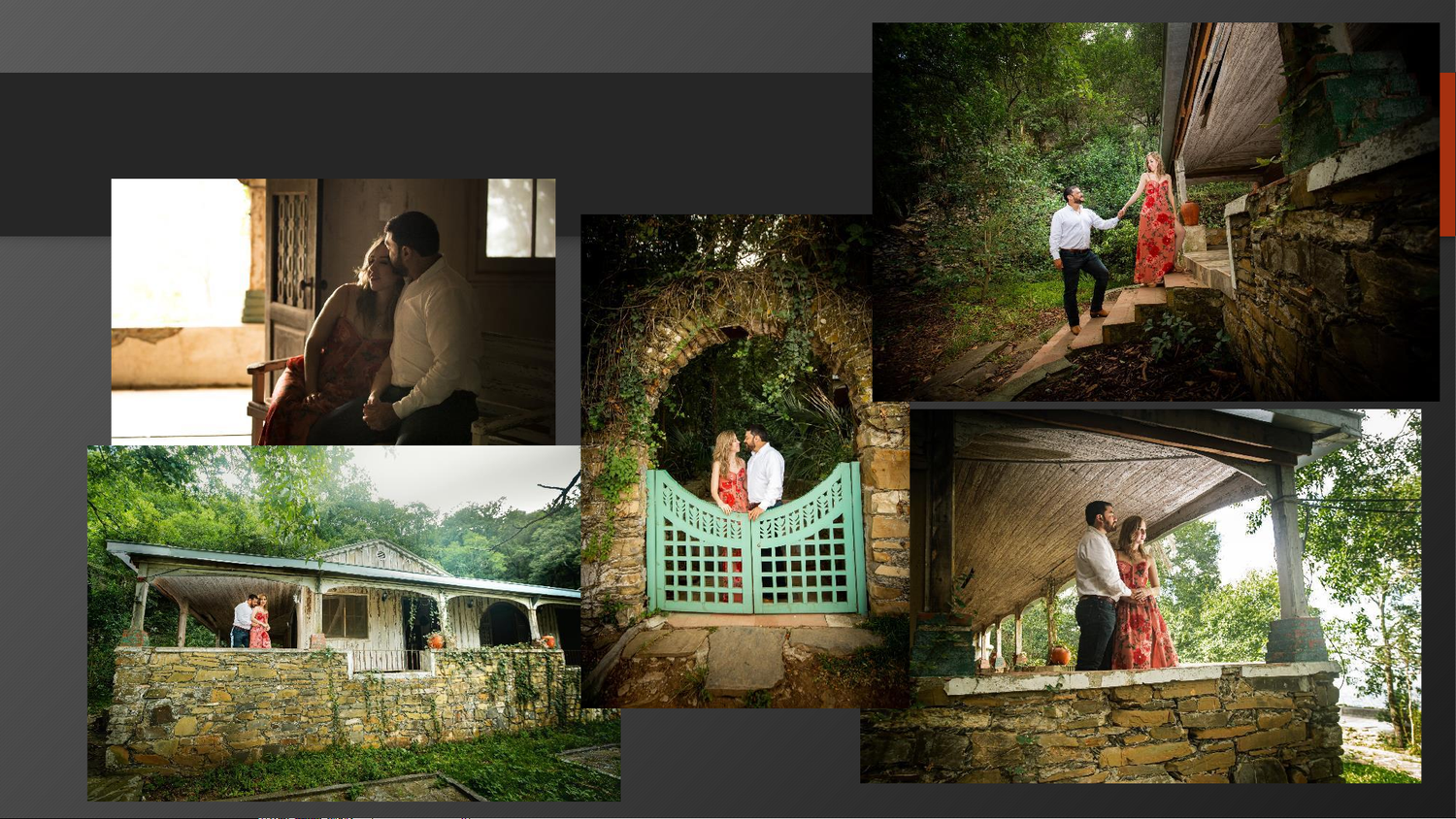 Romantic couple poses in lush green outdoor settings and rustic stone archways in a pre-wedding photography collage.