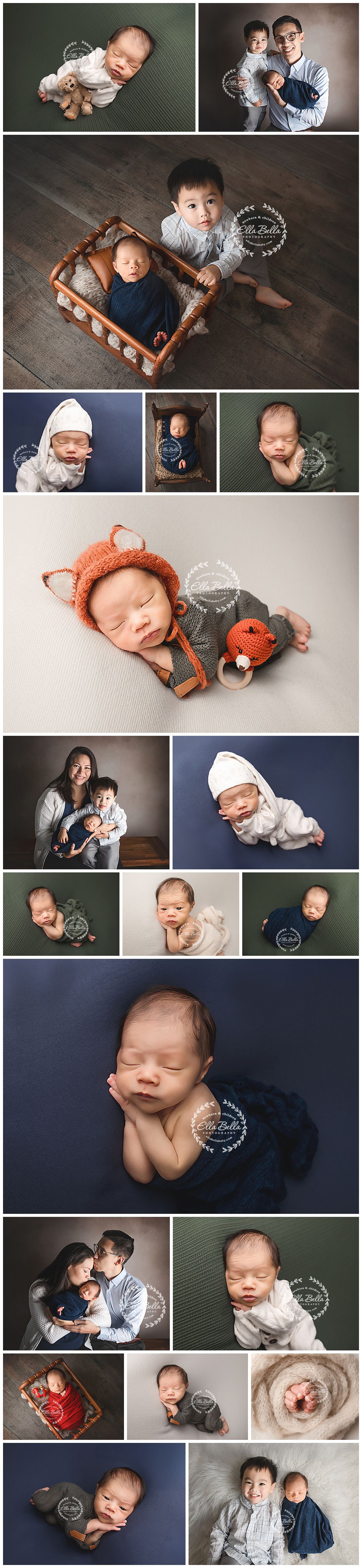Newborn photography collage featuring a baby with family, siblings, and solo poses in navy, orange, and white studio settings.
