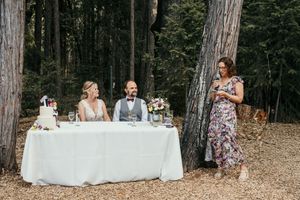 Panoramic view of an outdoor wedding reception setup with tables and chairs in a forest clearing.