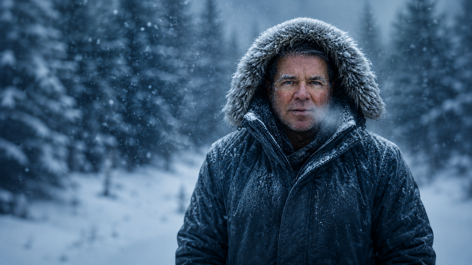 Photographer Steve Cole wearing a fur-lined parka hood with frost on his face in freezing winter cold conditions.