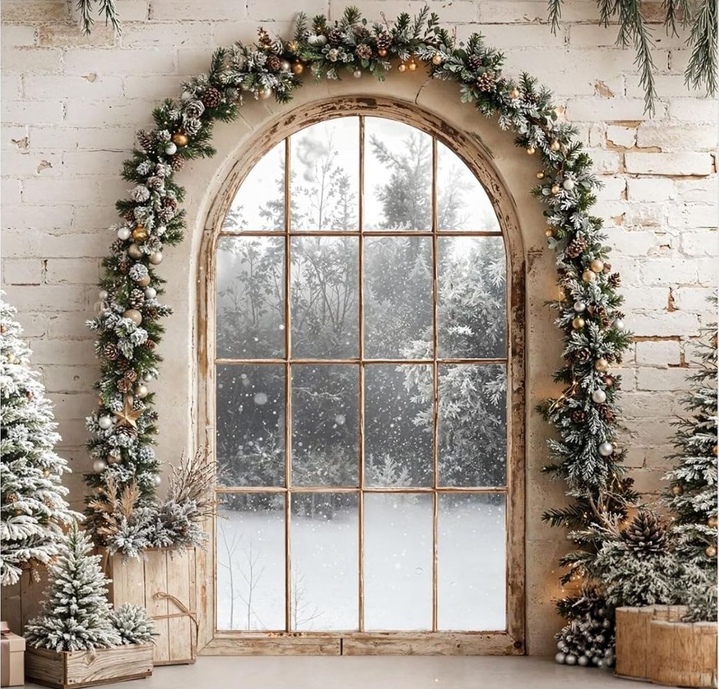 Winter scene with glowing string lights creating magical bokeh effect in snowy setting.