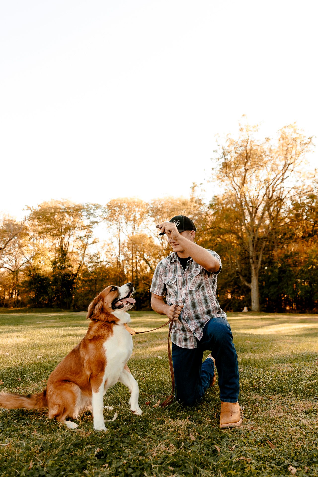Man in plaid shirt training his brown and white dog in a sunny park during golden hour.