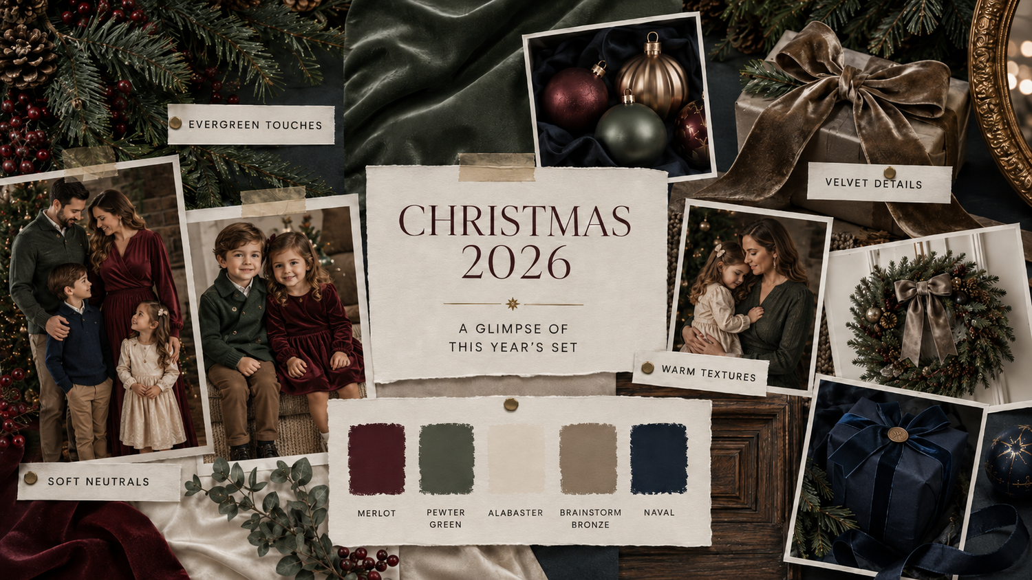 Christmas 2026 holiday collection mood board featuring festive family photos, evergreen wreaths, and rich jewel-toned color swatches.