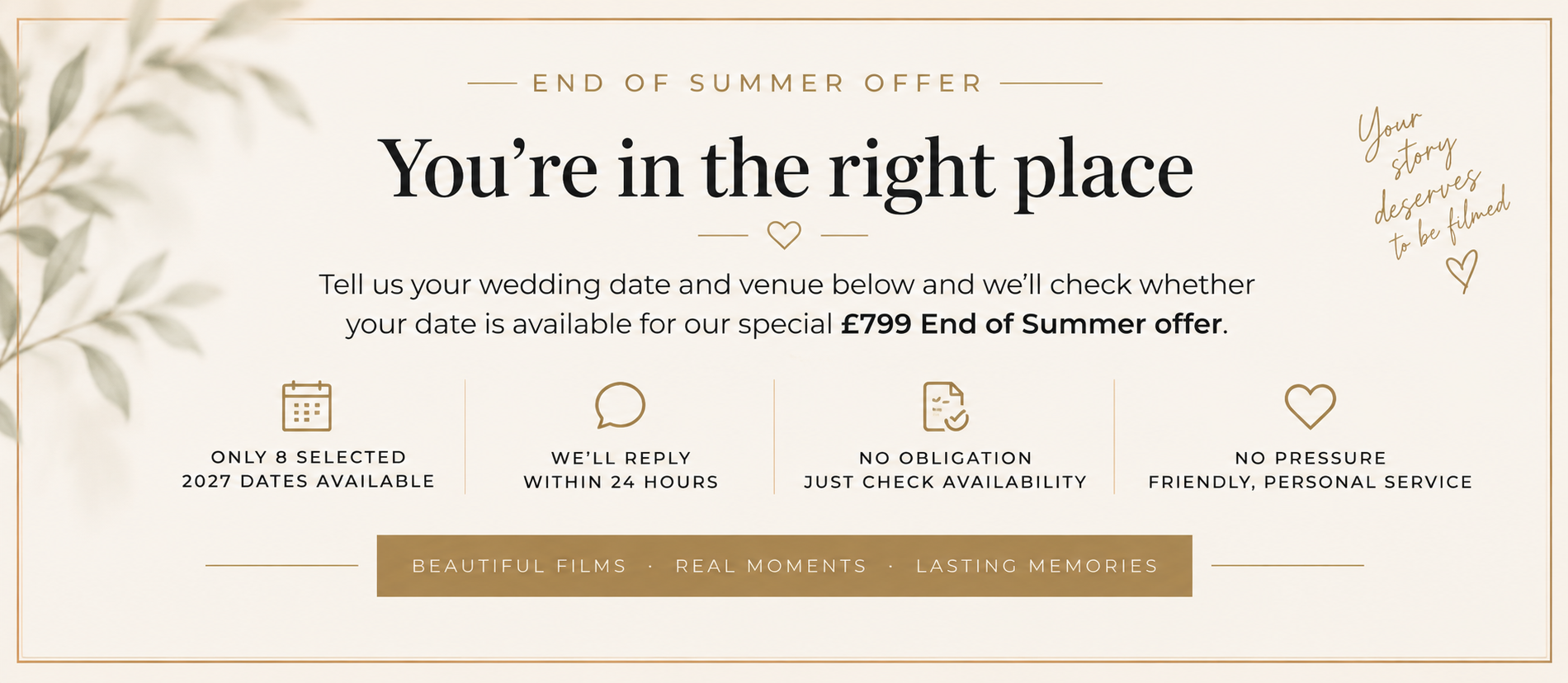 Wedding venue End of Summer offer banner promoting a £799 special deal with availability check service.