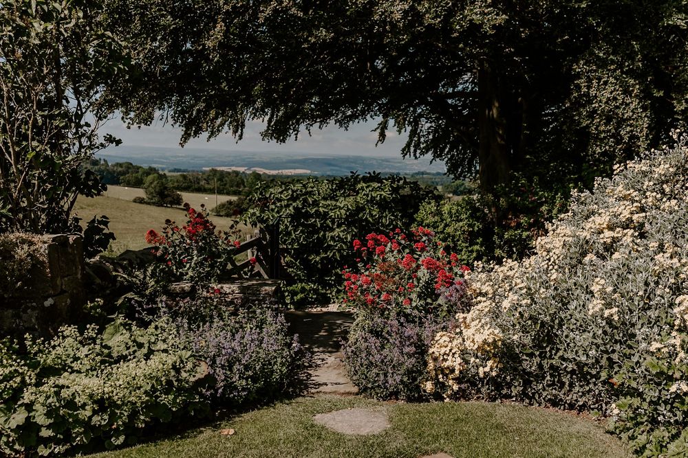 Lush garden with red and white roses, stone path, and panoramic countryside views under a canopy of trees.