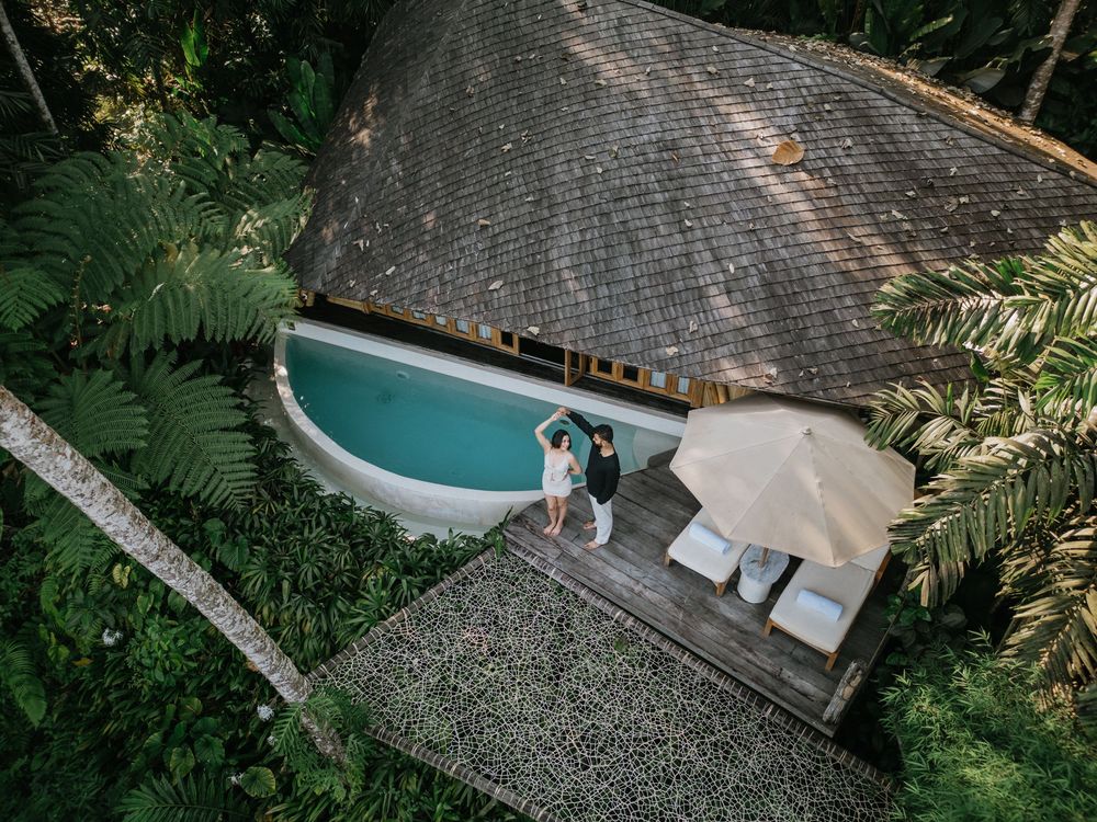 Romantic couple aerial photography at Bambootel Bali.