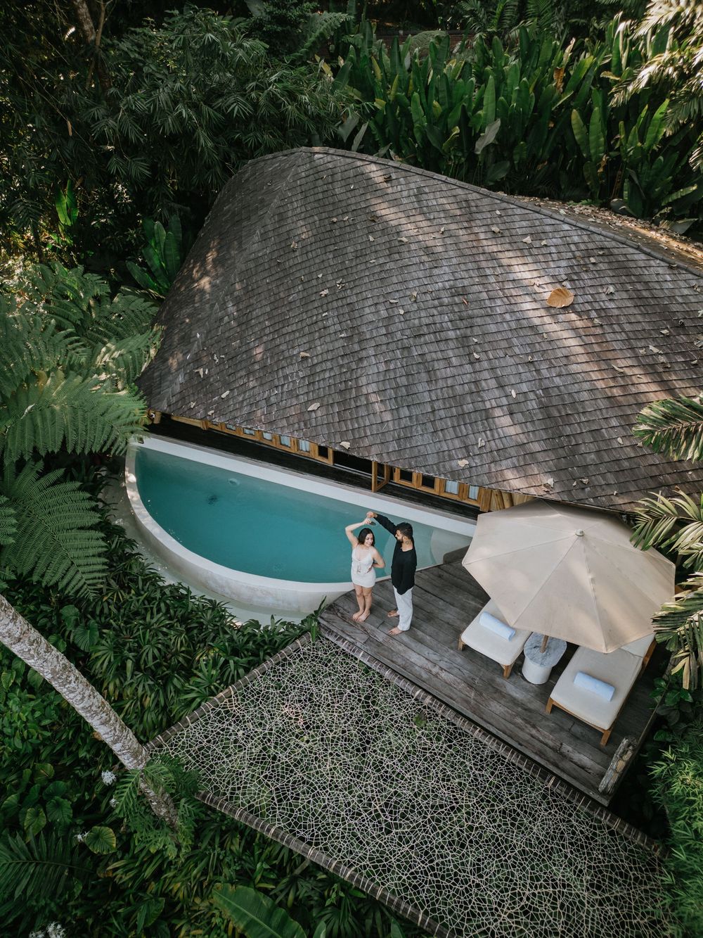 Romantic couple aerial photography at Bambootel Bali.