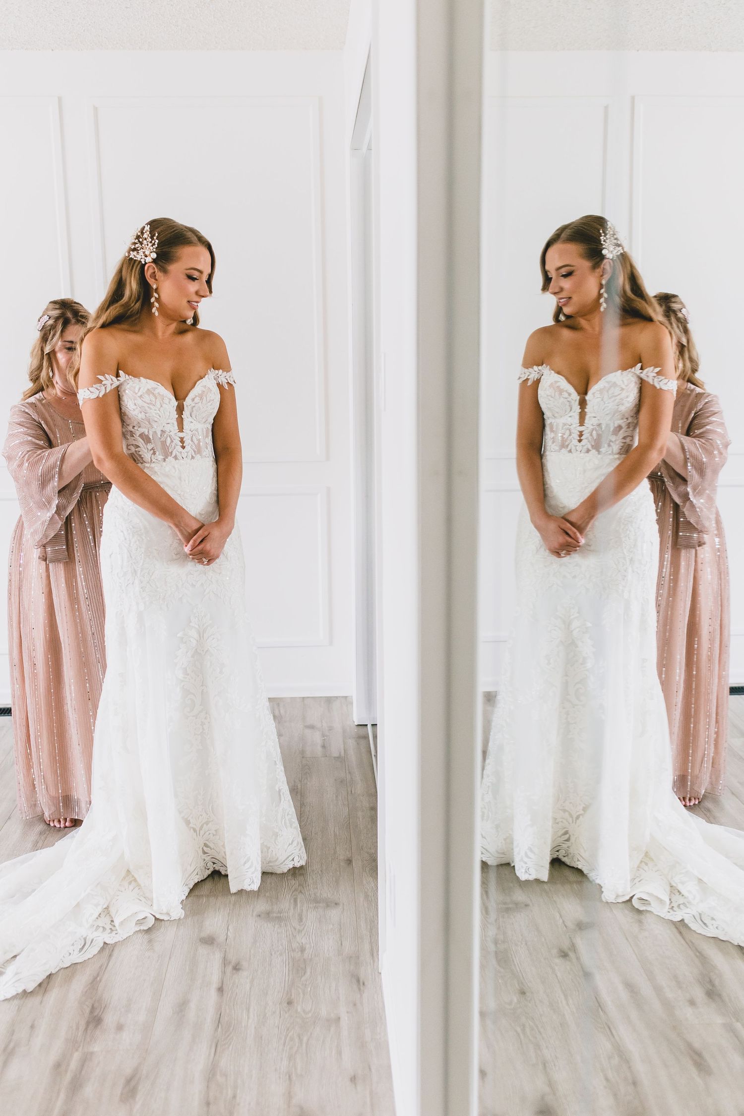 A bride in a fitted lace wedding gown stands before a mirror reflection while getting ready in a bright room. Starlit Point