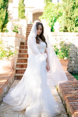 Bride in fitted lace mermaid gown with flowing veil poses on stone steps at outdoor venue.