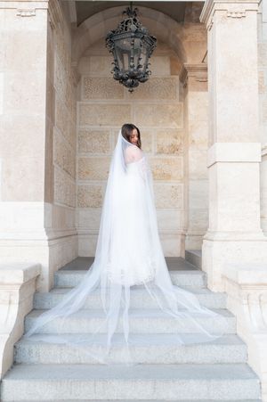 Bride in lace wedding gown with long cathedral veil posed on steps of elegant stone building.