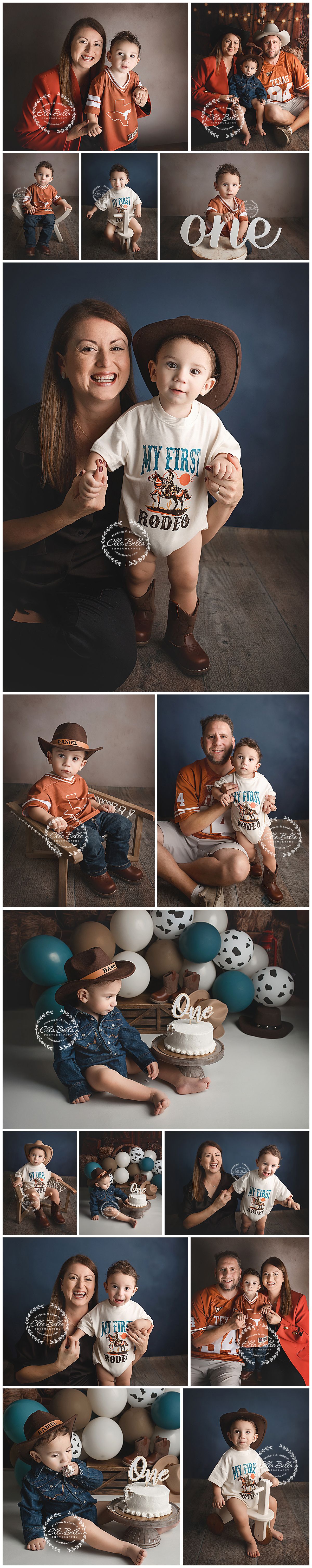 Collage of a baby boy's first rodeo birthday photoshoot with family, cowboy hats, Texas Longhorns outfits, and cake smash.