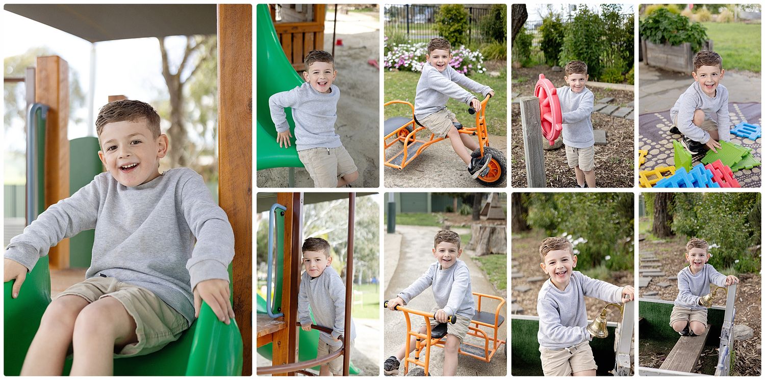 Young boy playing on colorful outdoor playground equipment, smiling and enjoying various activities in a garden setting.