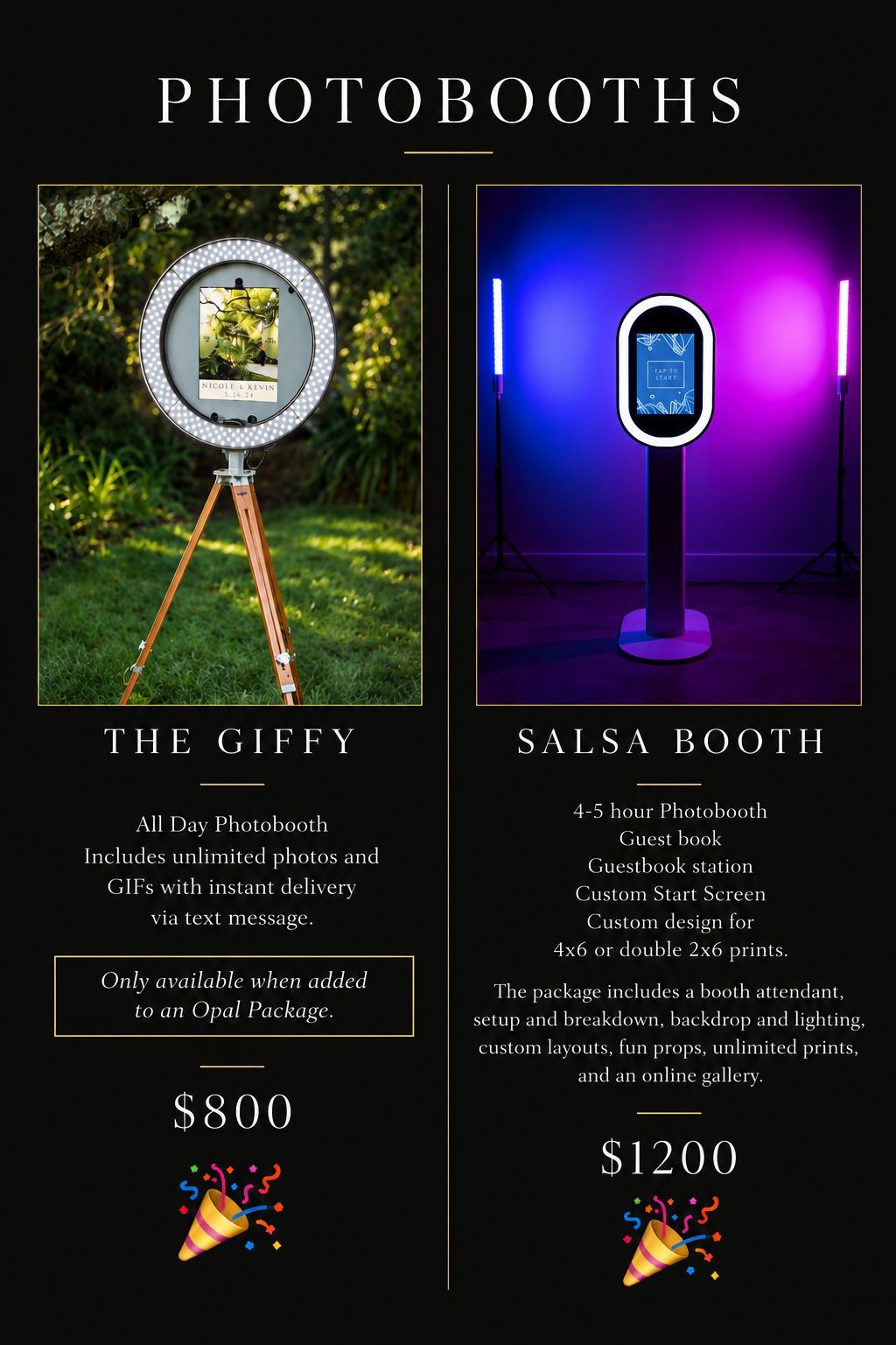 A photobooth rental flyer featuring The Giffy at $800 and Salsa Booth at $1200 with pricing and package details on black background.