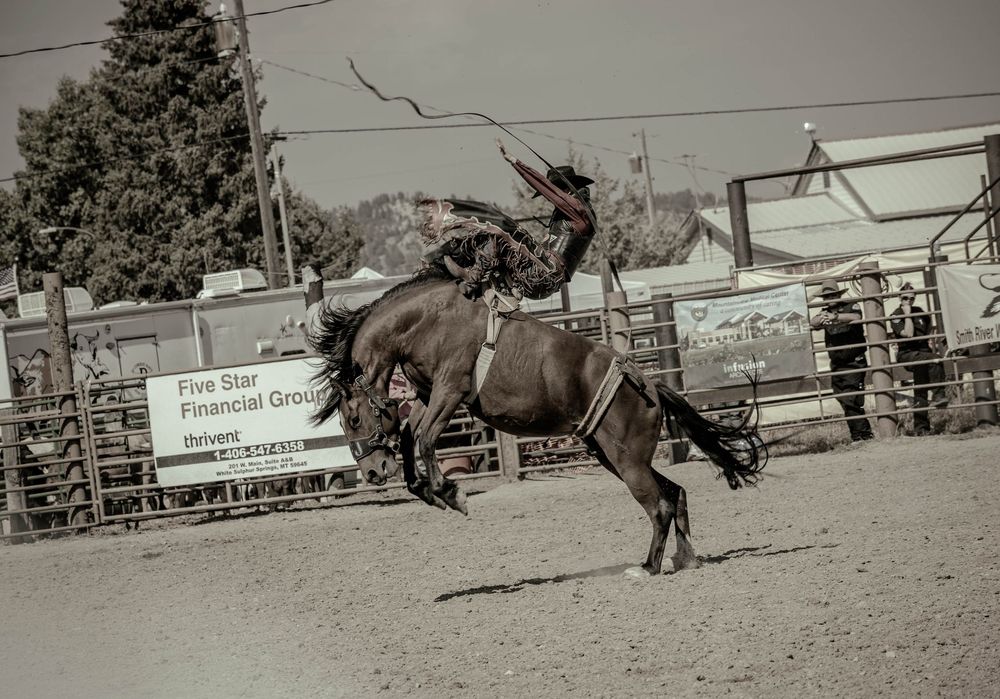 A cowboy rides a bucking bronco at a rodeo competition, showcasing classic western horsemanship in an outdoor arena.