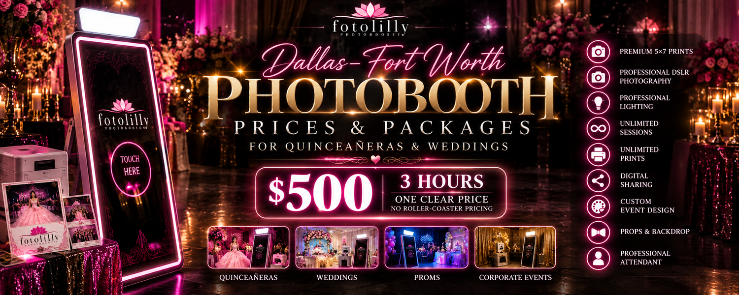 Fort Worth quince photo booth package with 56 inch Mirror Booth, premium 5x7 prints and unlimited sessions for DFW quince celebrations TX