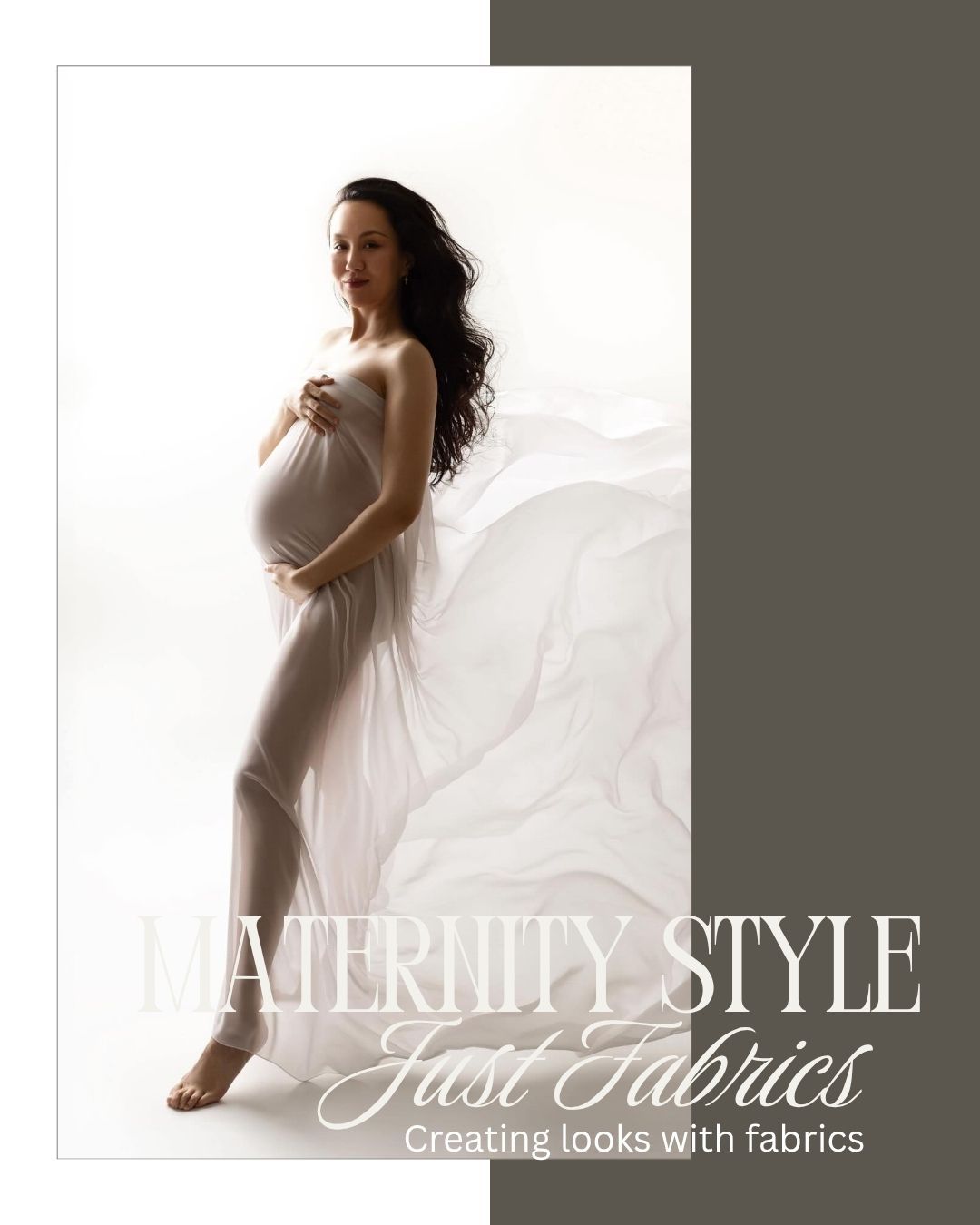Pregnant woman in flowing white fabric for a maternity style shoot, showcasing elegant looks created with fabrics.