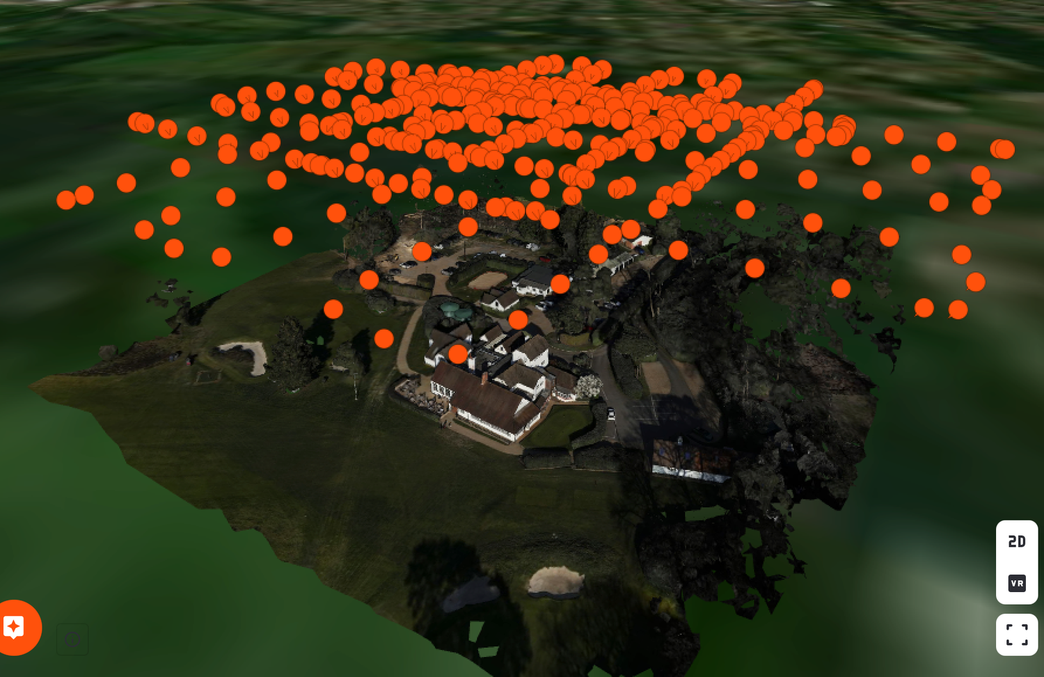 3D aerial map view of an island with orange data points clustered above buildings and terrain in a geographic visualization.