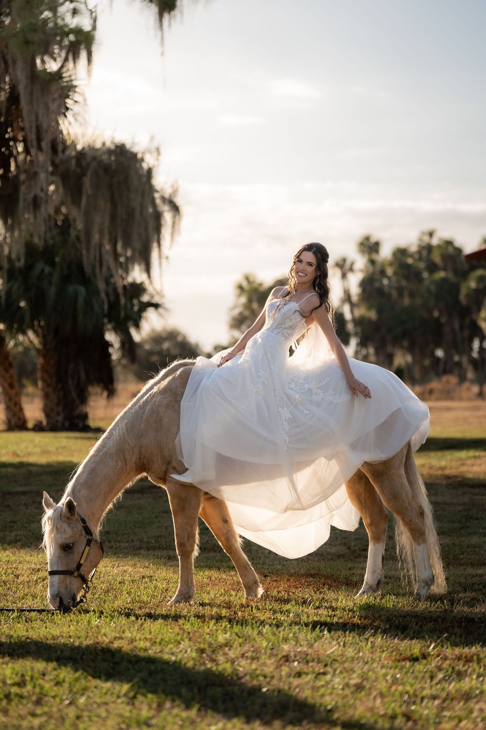Bride in her wedding gown seated on a horse at The Barn at Mancil Ranch in Okeechobee, FL