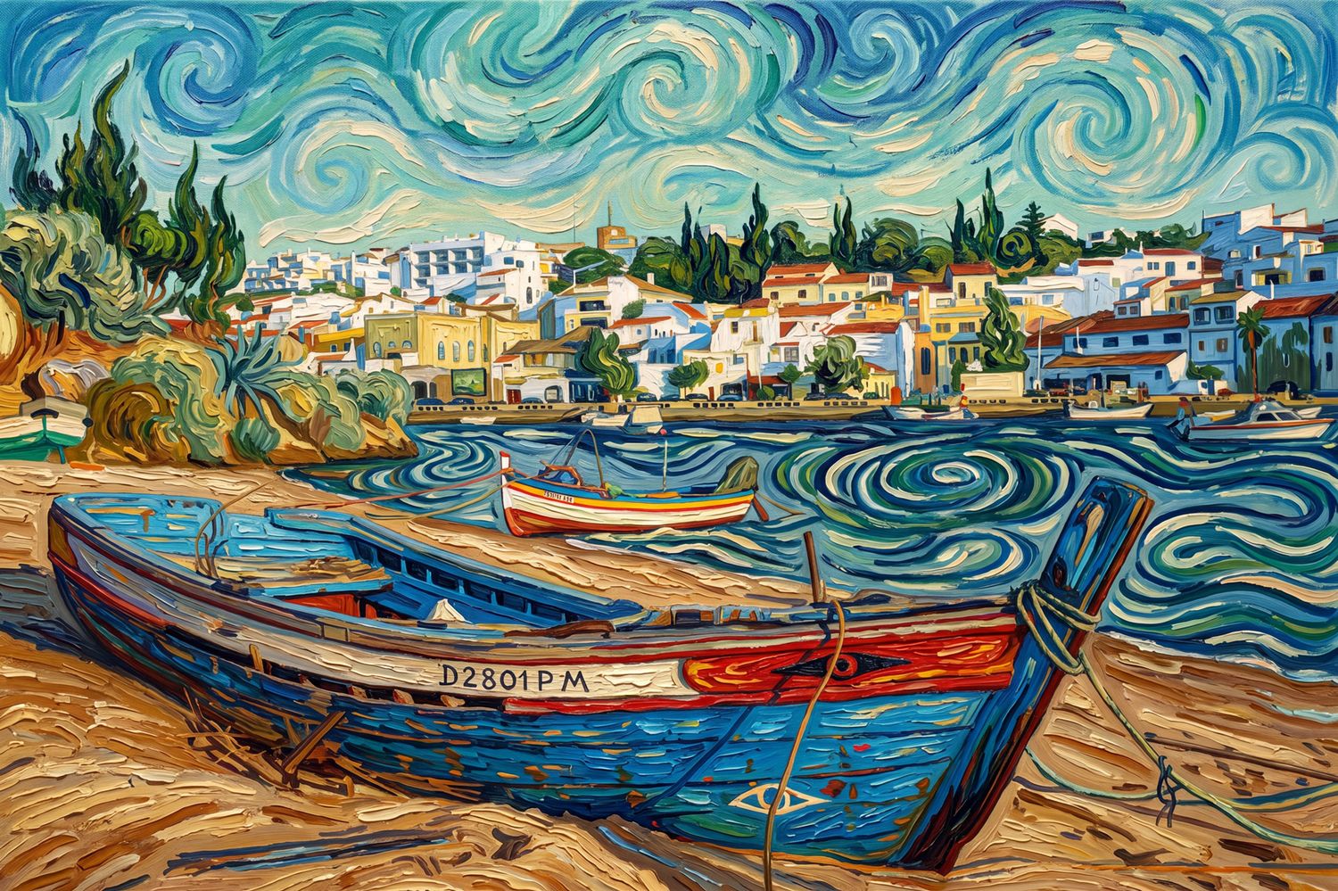Van Gogh-style painting of two colorful boats on shore with swirling sky and Mediterranean village backdrop.