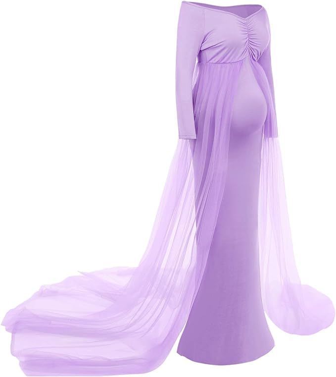 Elegant lavender maternity gown with long sleeves, ruched bodice, and flowing sheer tulle overlay skirt with train.