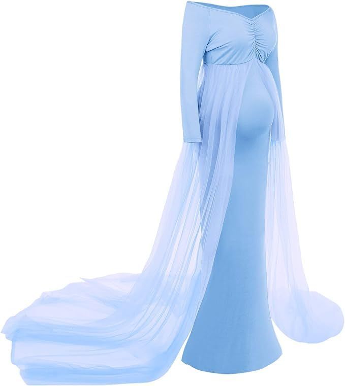 Light blue off-shoulder maternity gown with long sleeves and flowing sheer tulle overlay train.