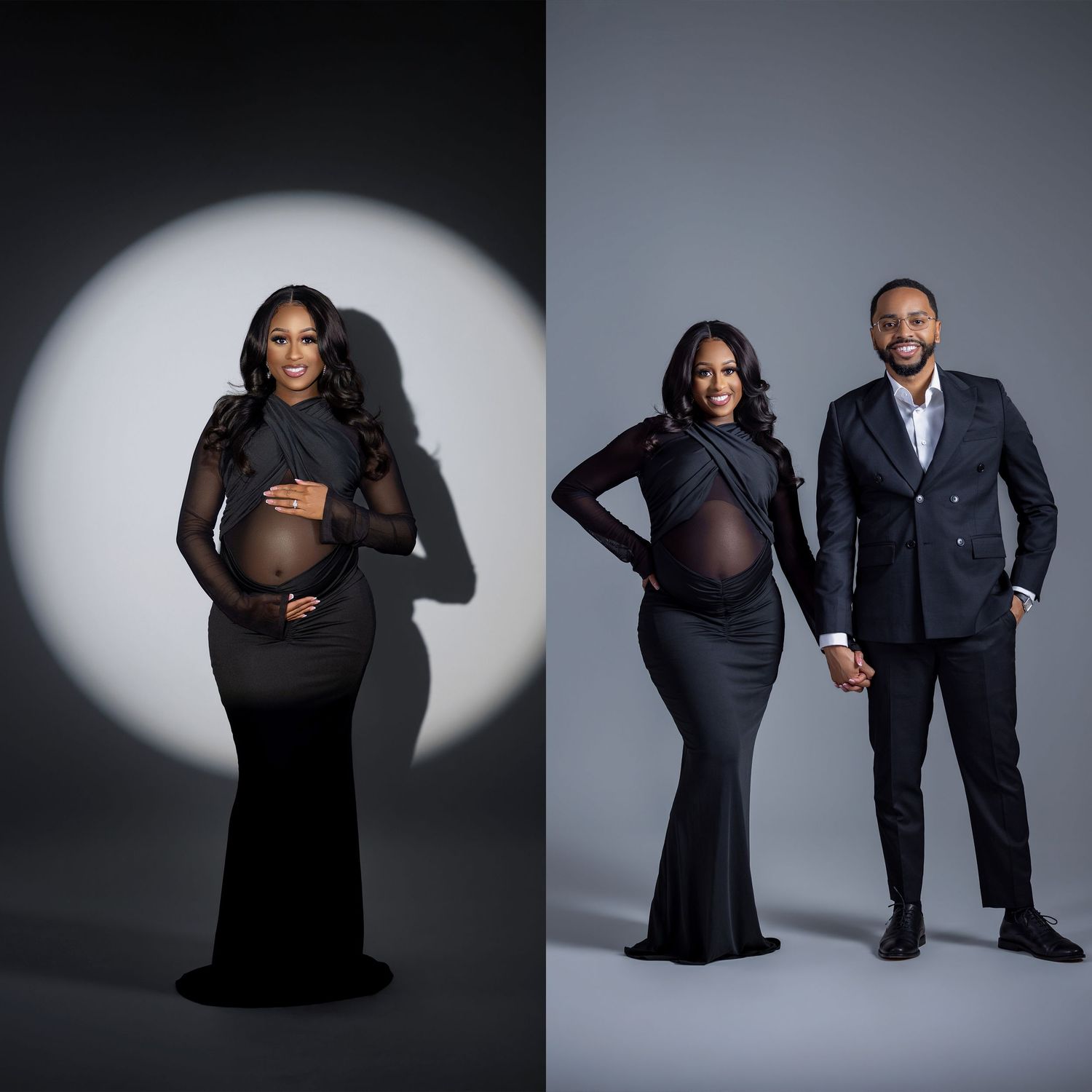 Elegant maternity photo shoot featuring a woman in a black sheer gown, solo and with her partner, against studio backdrops.