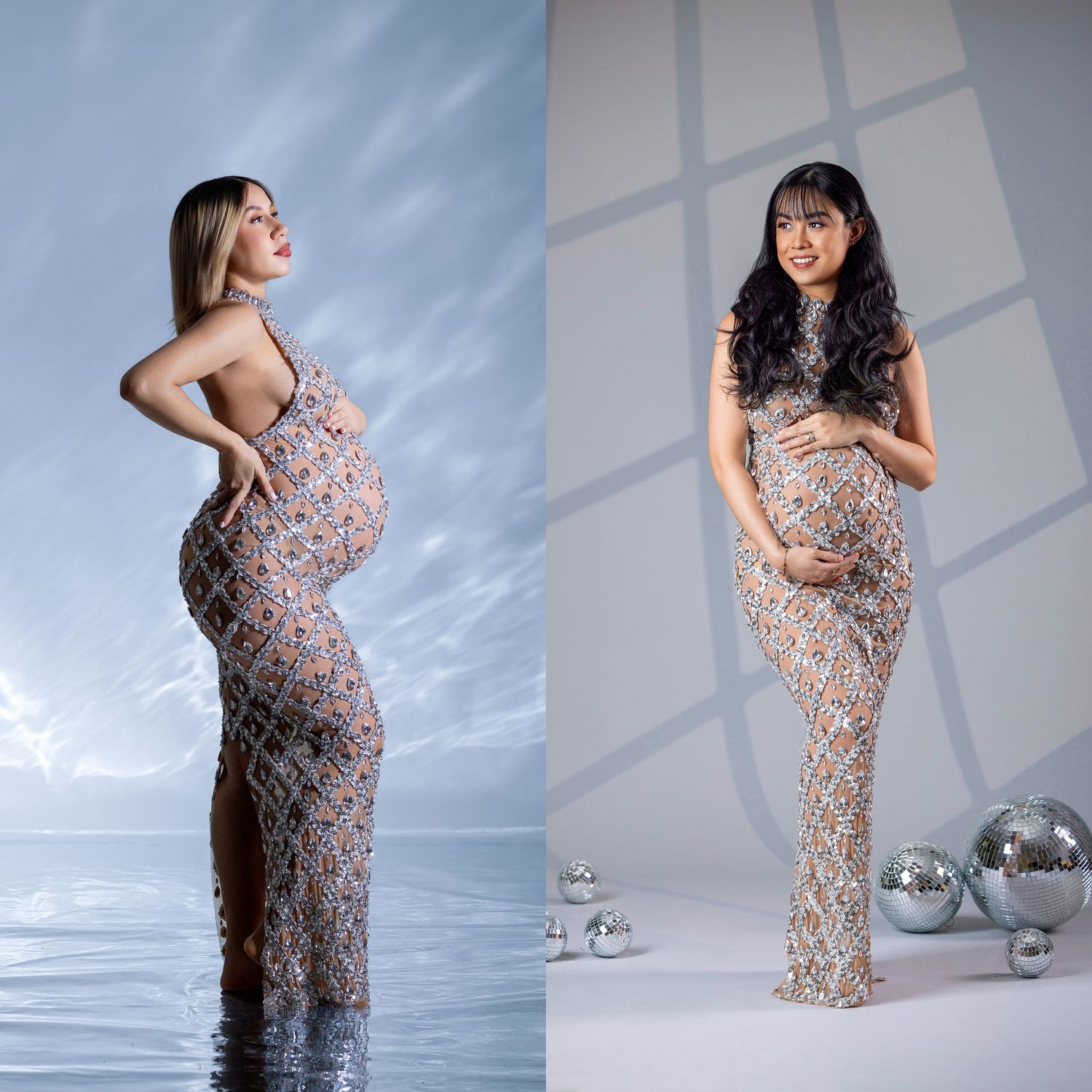 Two pregnant women pose in matching floral sequin maxi dresses during elegant maternity photo shoots.
