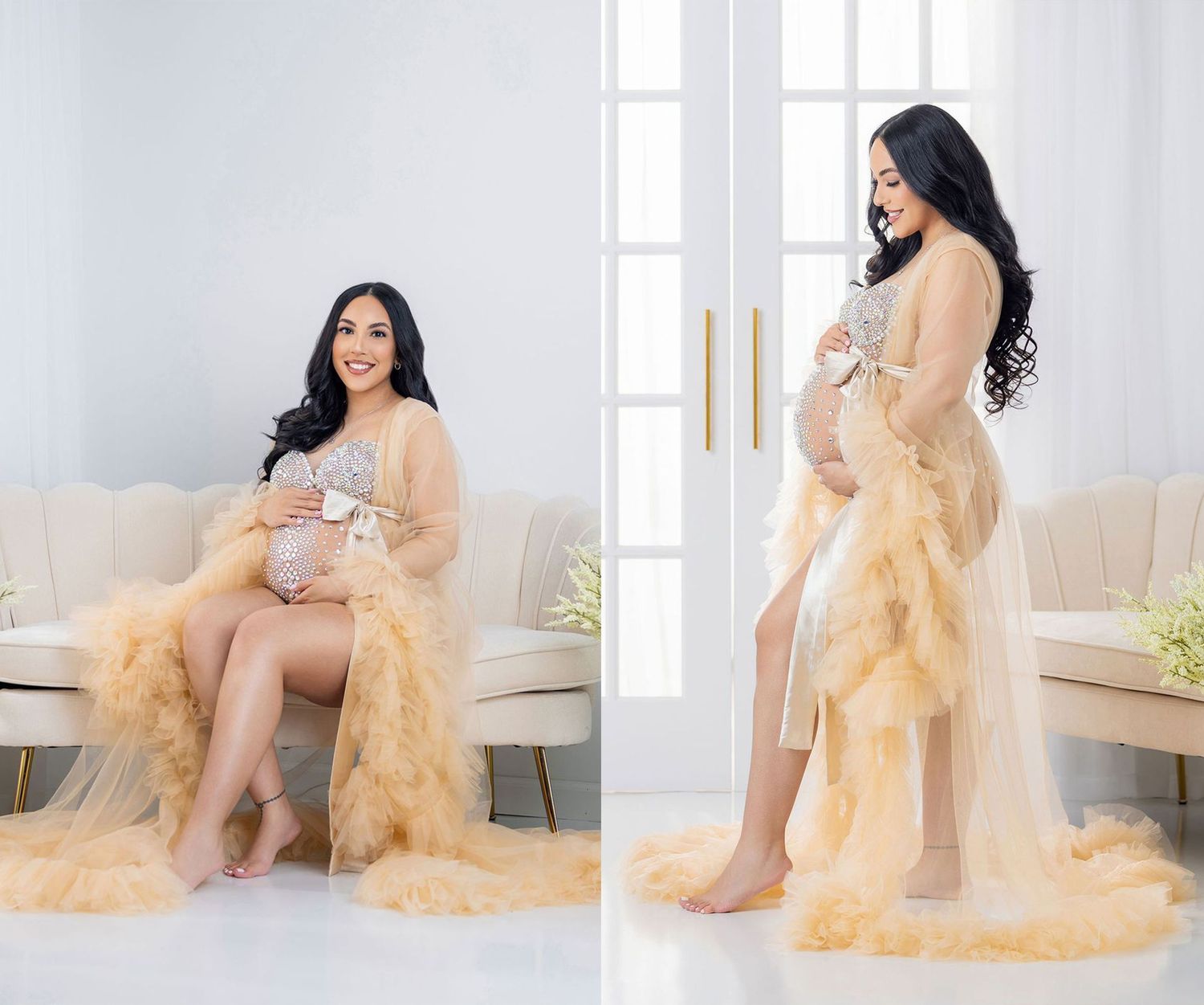 Pregnant woman in a gold tulle robe poses for a maternity photoshoot in a bright white studio setting.