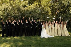 Large wedding party celebrates outdoors with arms raised among lush green trees.