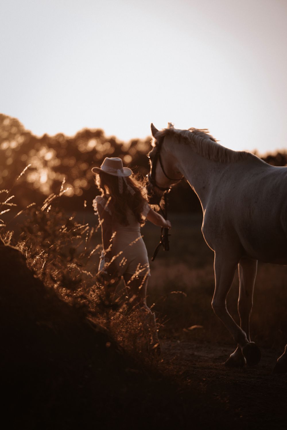Frau und Pferd laufen im warmen Abendlicht dem Sonnenuntergang entgegen – stimmungsvolles Hochformat mit sanften Lichtreflexen.