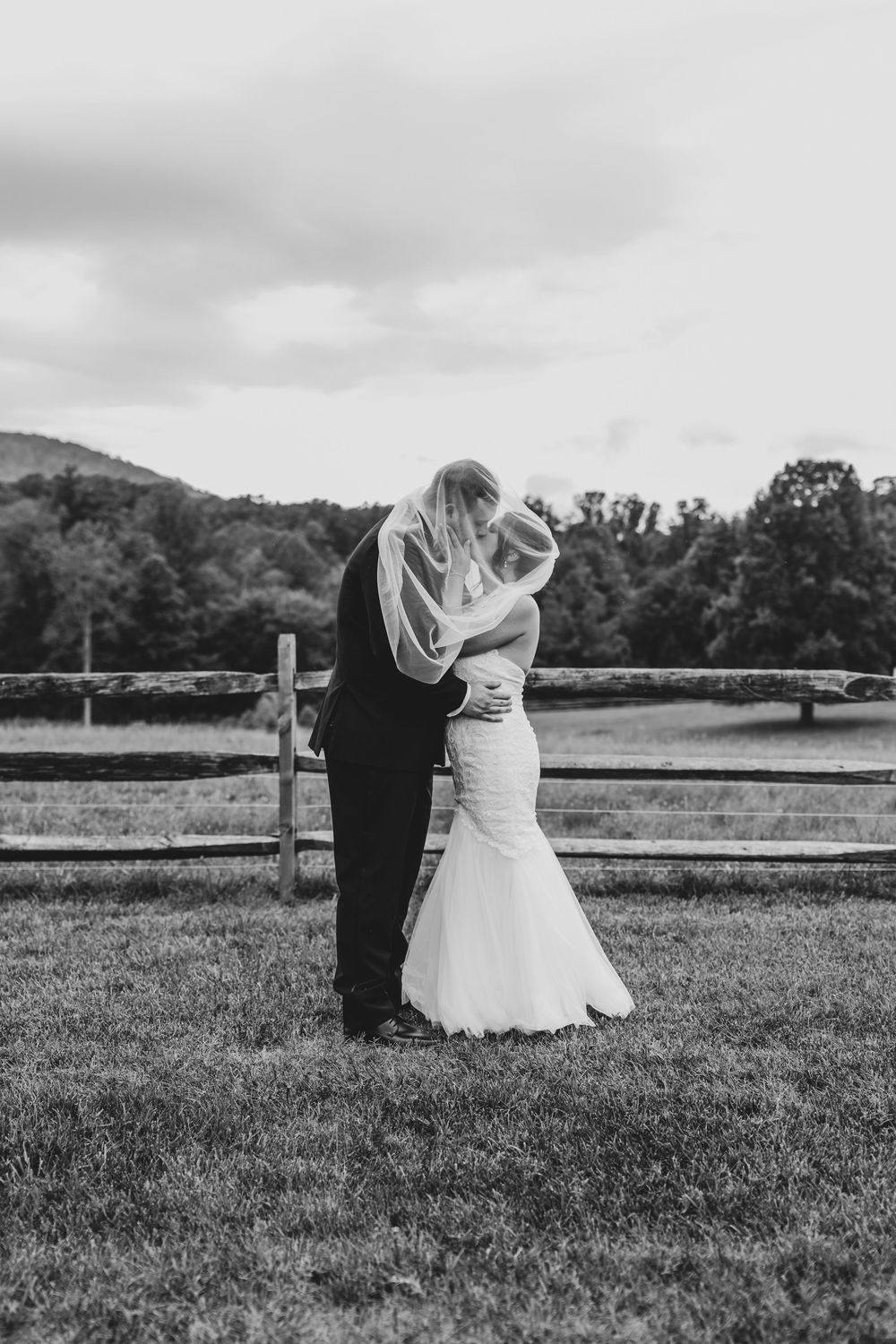 Black and white photo of a bride and groom sharing a kiss under her veil in a scenic outdoor wedding setting.
