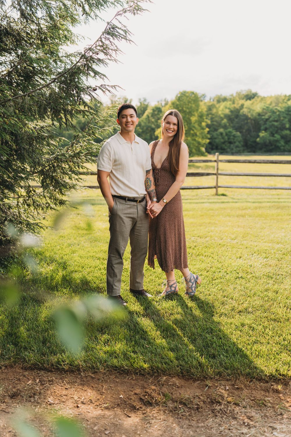 A smiling couple holds hands in a sunny green field near a wooden fence and evergreen tree.