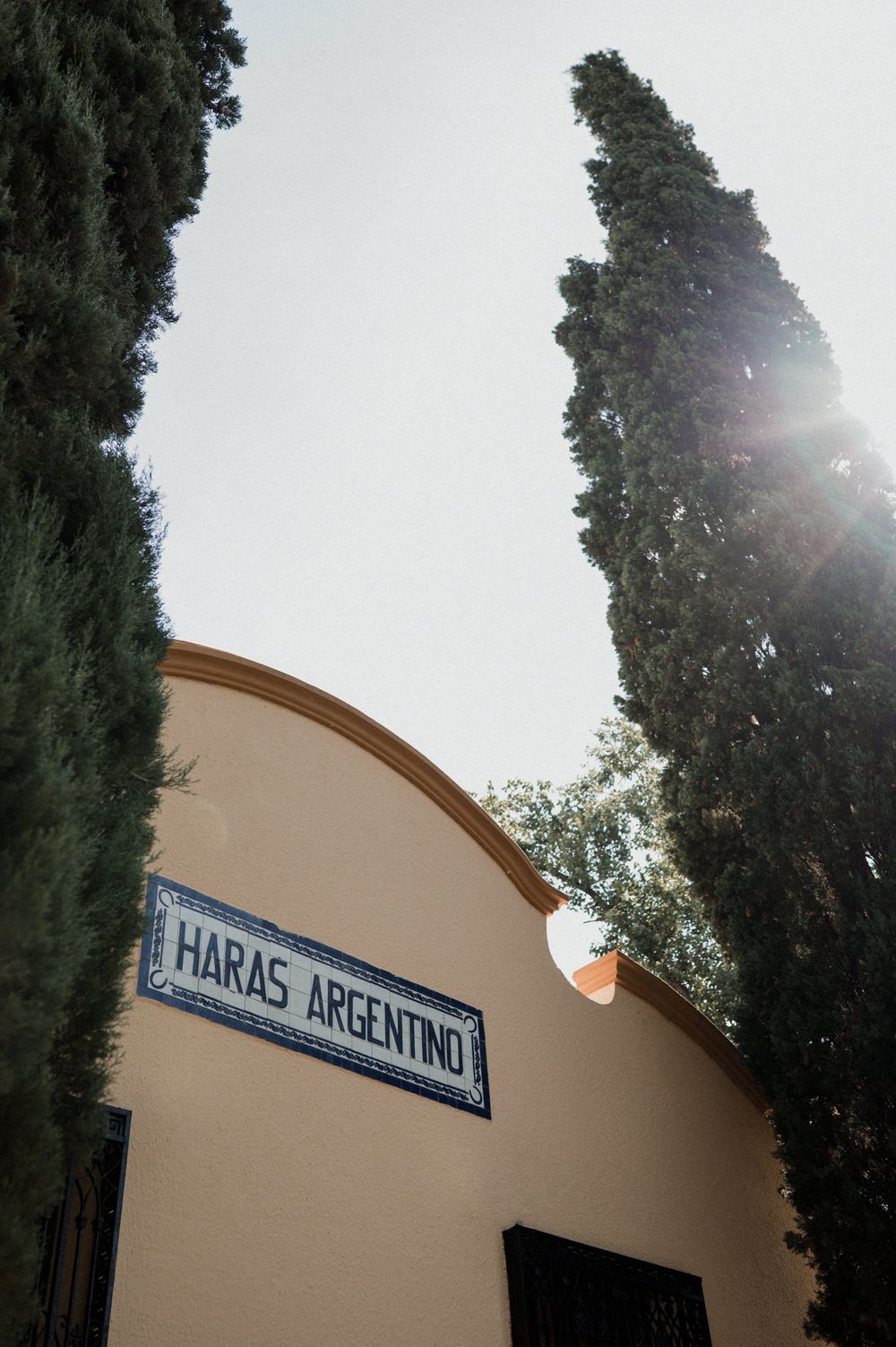 Low-angle view of Haras Argentino sign on a curved beige building flanked by tall cypress trees with sunlight.