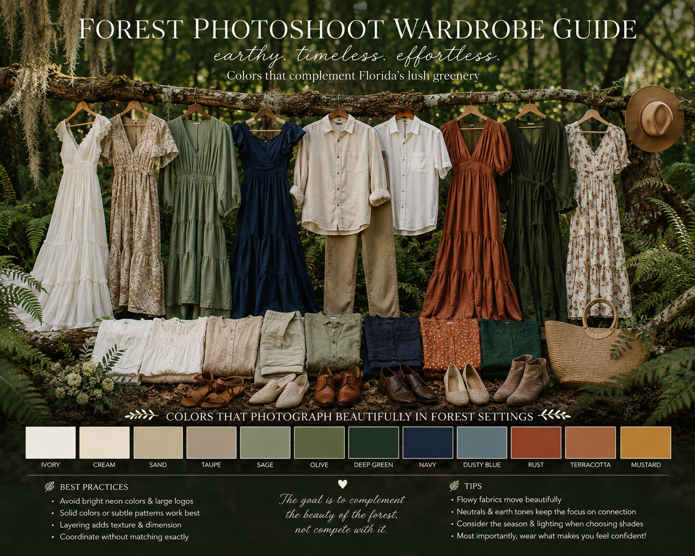 Forest photoshoot wardrobe guide featuring earthy tones, flowy dresses, and neutral outfits hung among lush green foliage.