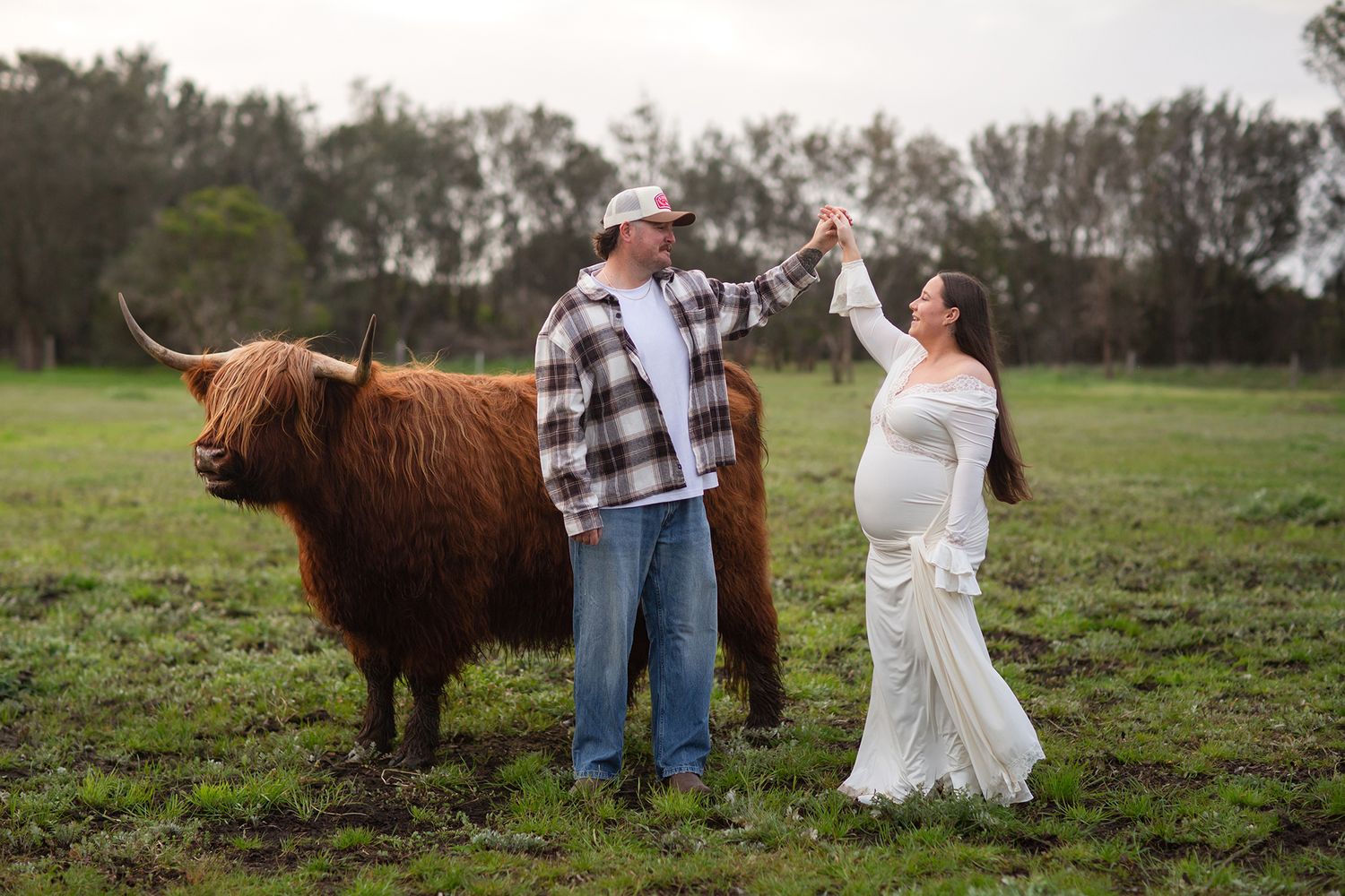 Couple twirling and dancing in a paddock with a highland cow in Perth