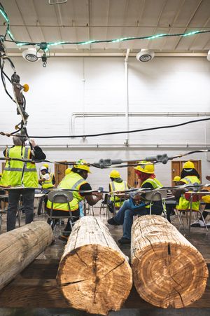 Workers in yellow safety vests and hard hats sit at desks in a workshop with large timber logs in the foreground.