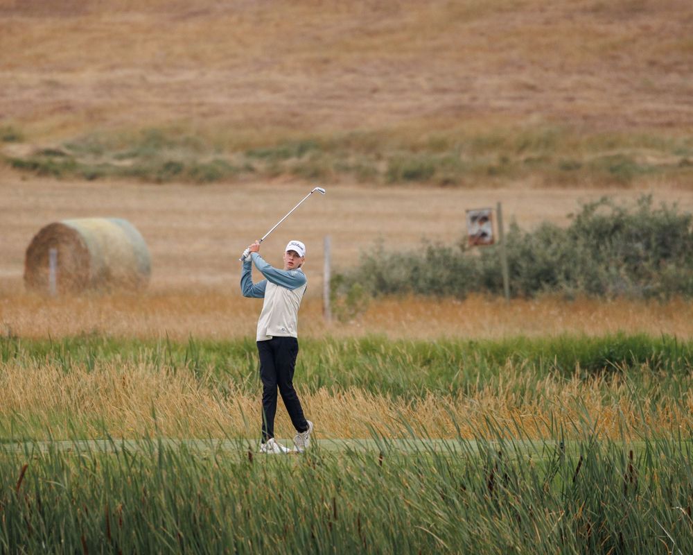 Golfer swinging a club on a scenic links course surrounded by tall golden grass.
