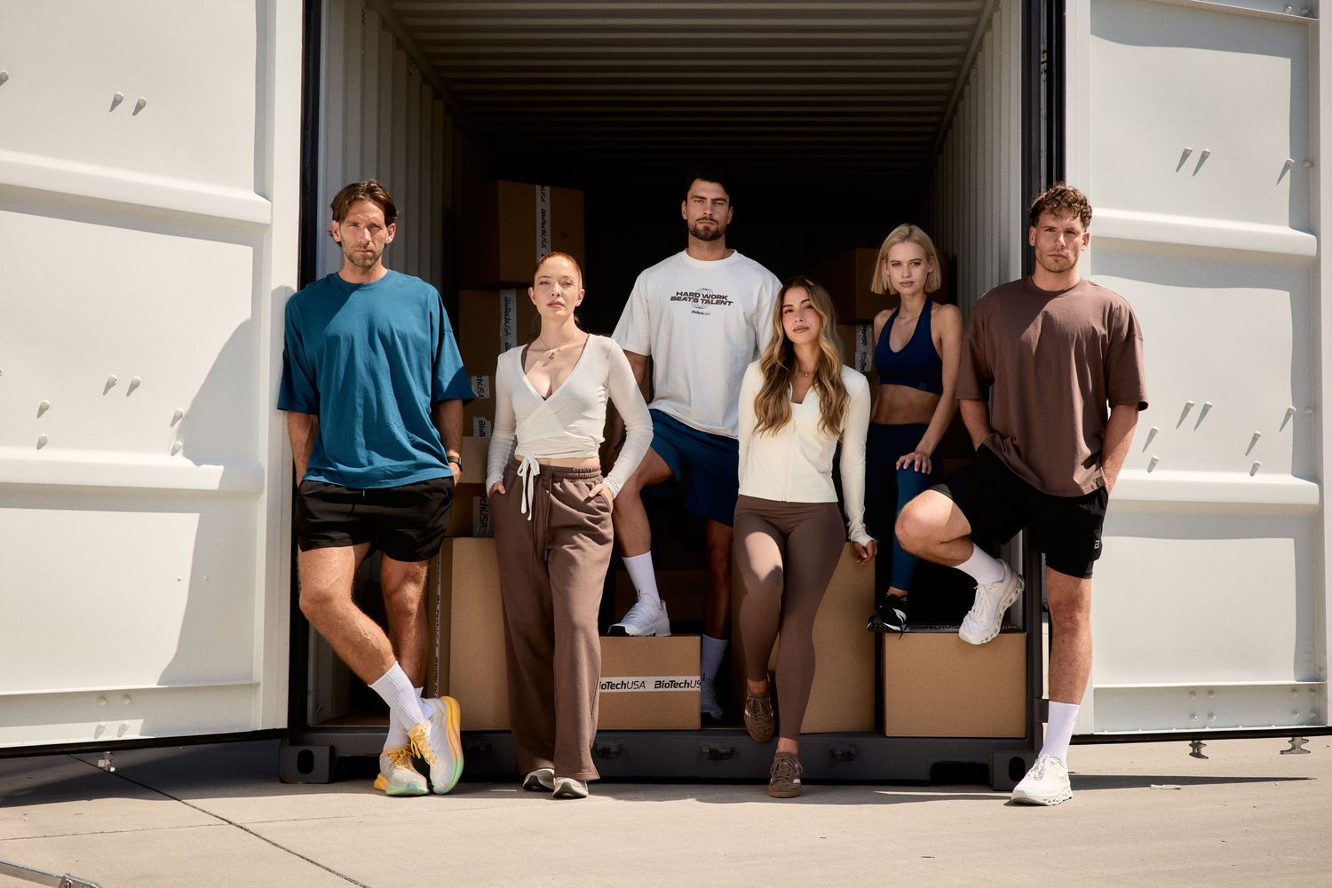 BioTechUSA FW26 apparel collection photographed in an industrial cargo container area in Budapest