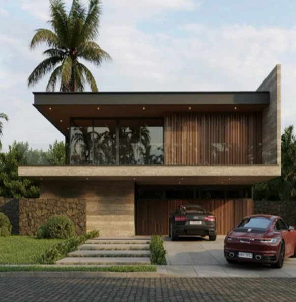 Modern luxury two-story home with wood facade, large windows, flat roof, and two SUVs parked in driveway.