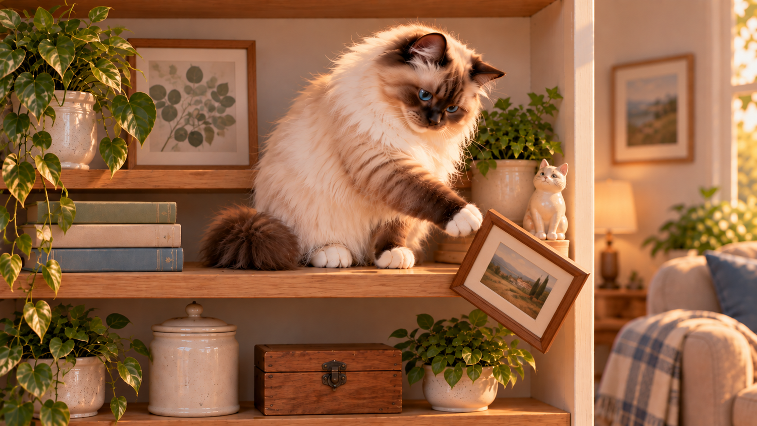 Whiskers & Co song Just Because – fluffy cat playfully knocking a framed picture from a shelf