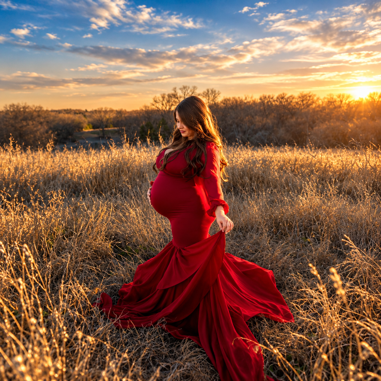 Pregnant woman in flowing red gown standing in golden field at sunset.